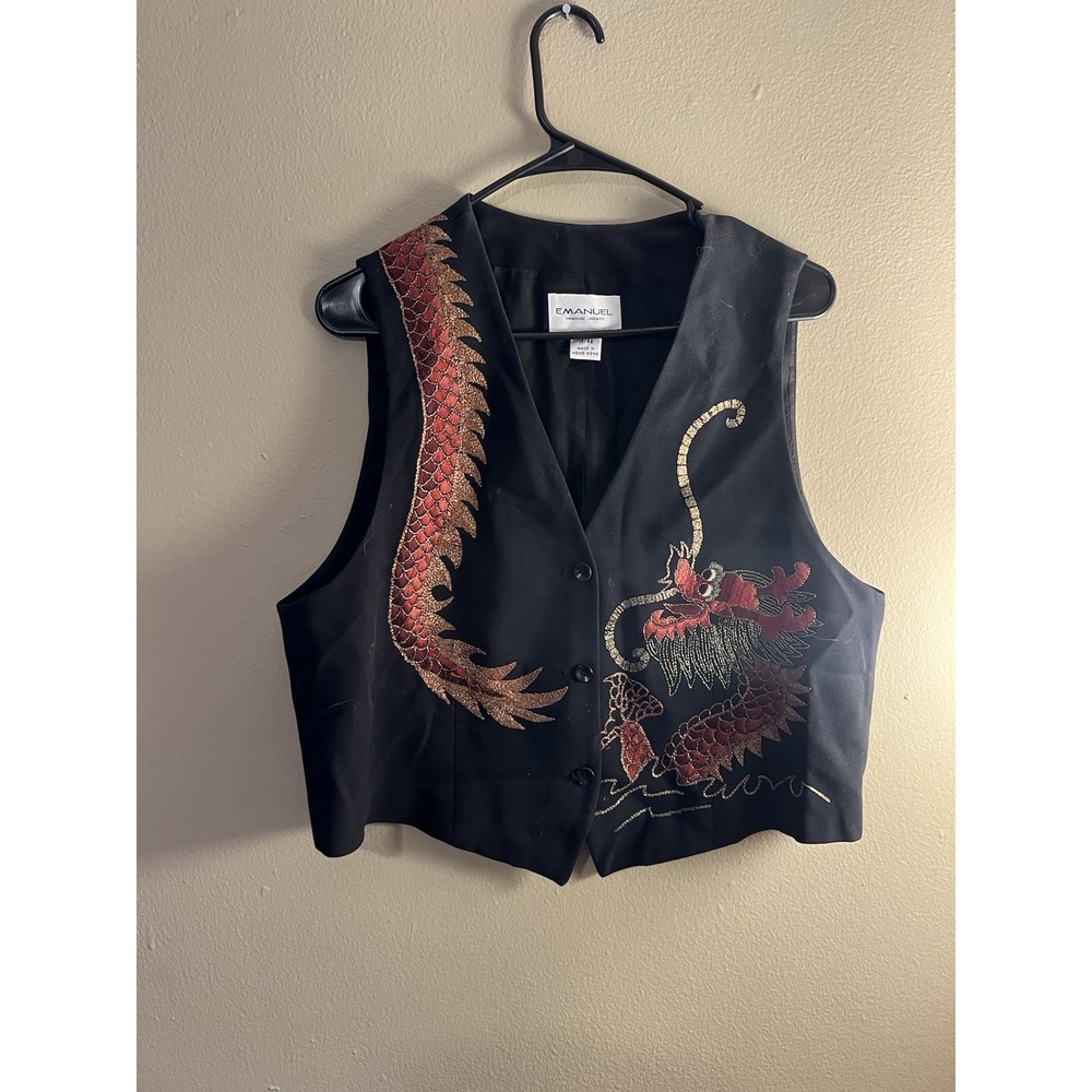 Emanuel‎ Ungaro Black Vest Size 14 Dragon Embroidered Asian Inspired